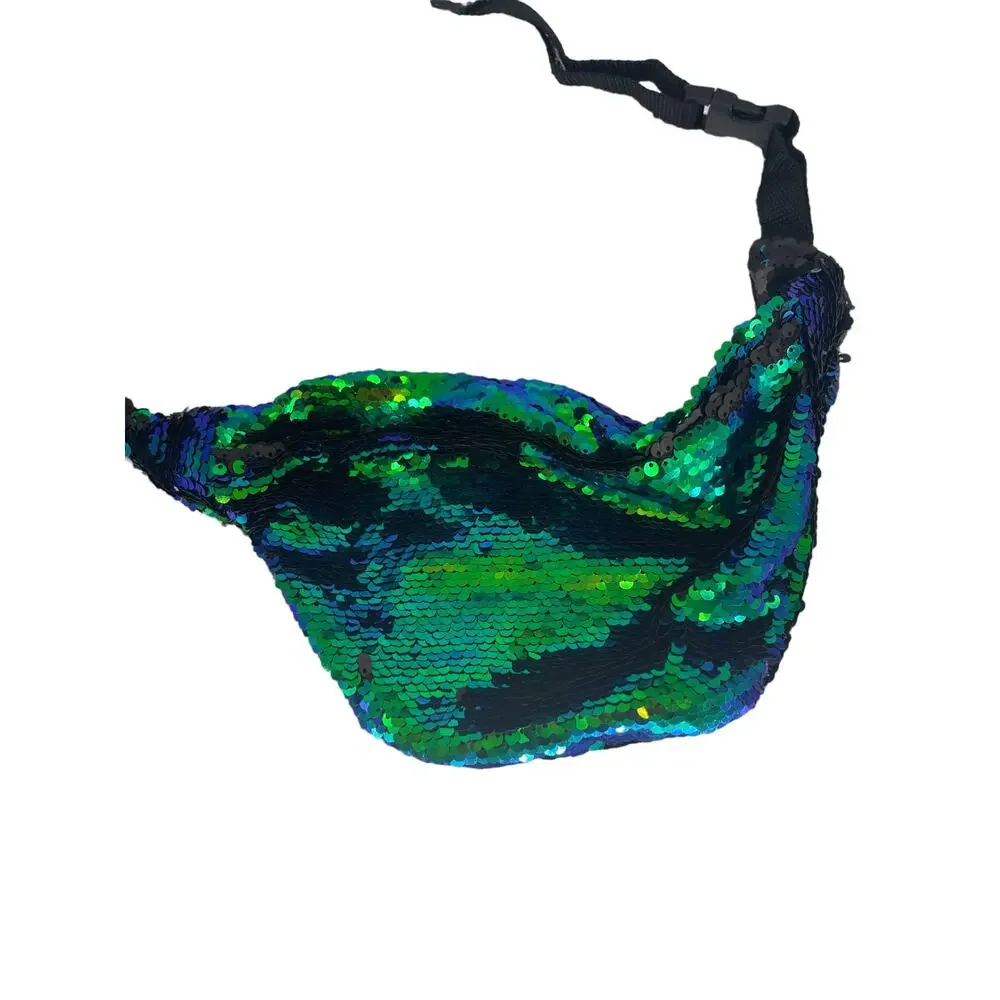 Girls Green & Blue Sequined Zip-Top Fanny Pack Belt Bag